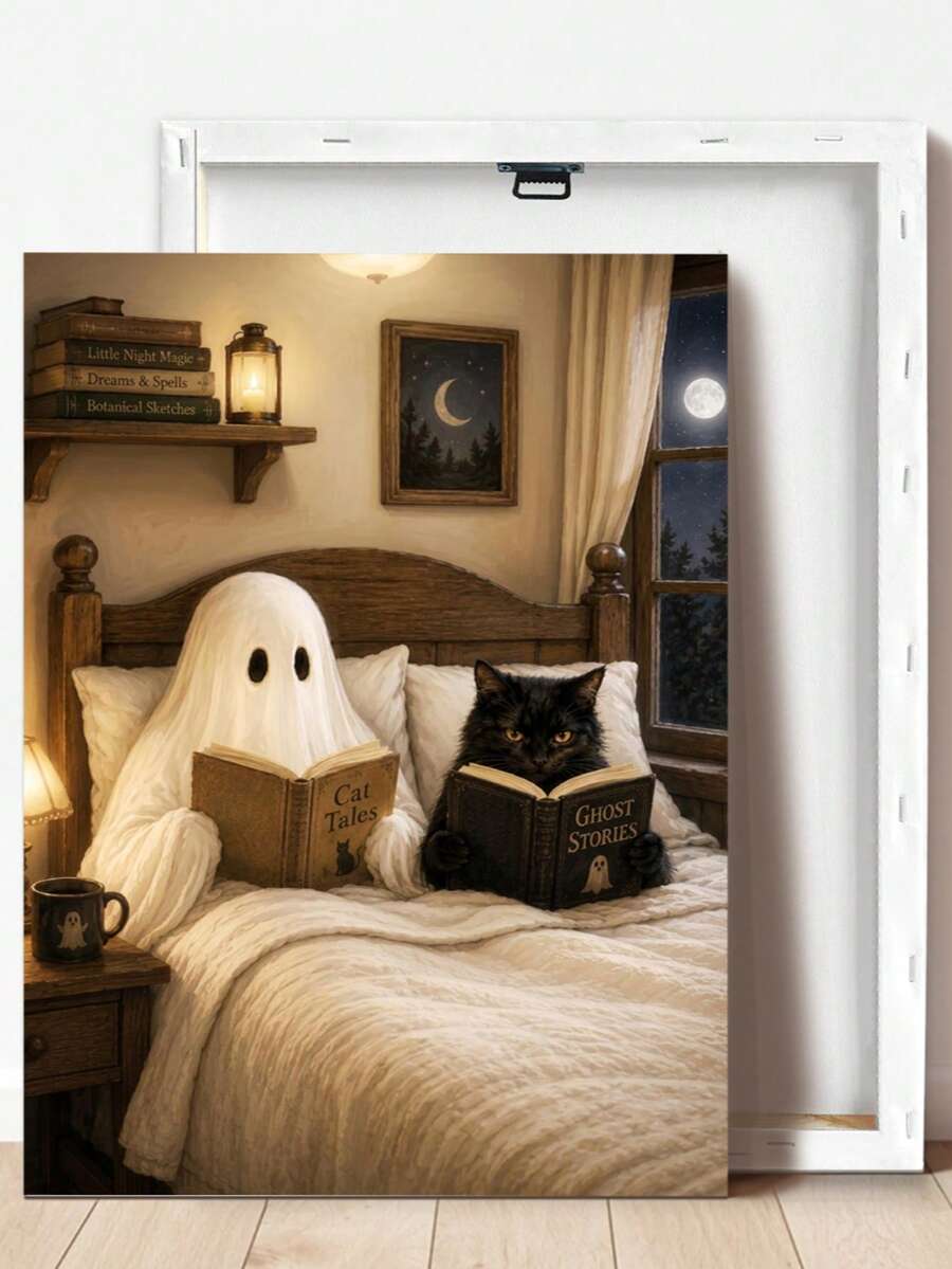 Vintage Ghost & Black Cat Reading Dark Academia Canvas Poste