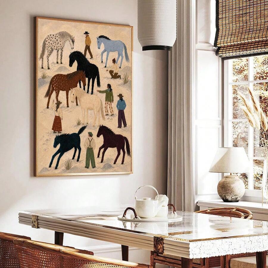 Vintage horse and rider canvas print displayed above a dining table