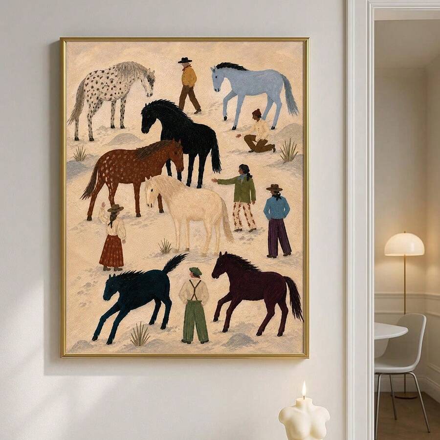 Western equestrian folk poster mounted in a warm hallway interior
