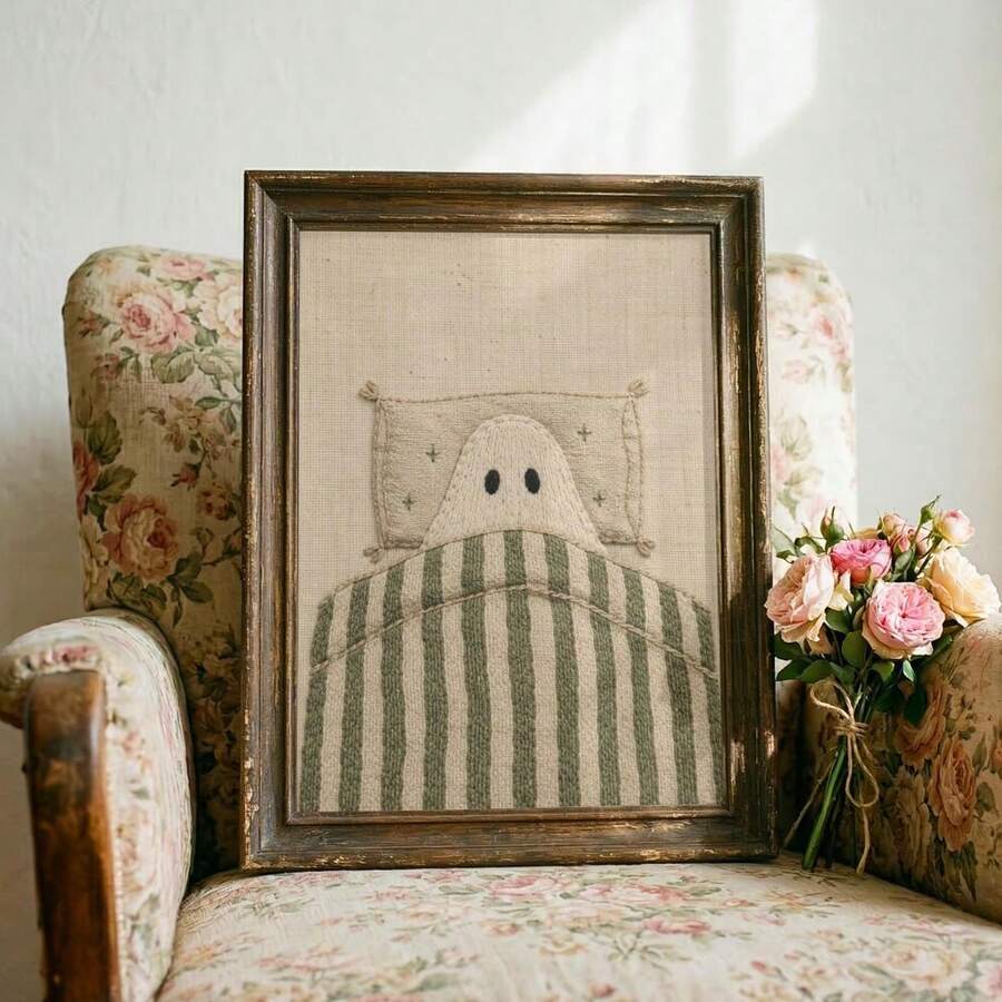 Cute Ghost In Bed Canvas poster with cozy vintage green stripes. Perfect for bedrooms, cottagecore spaces, Halloween decor, nurseries, and cozy interiors.