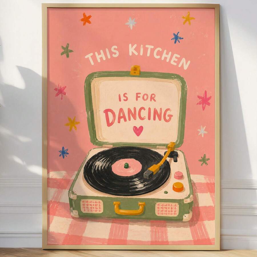 Retro suitcase record player canvas poster with pink plaid background
