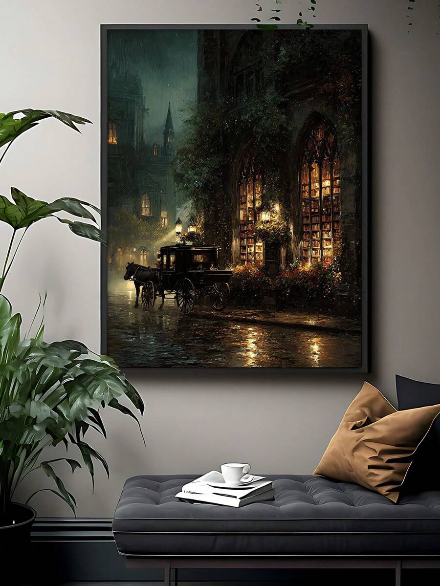Gothic Bookshop Dark Academia Victorian Rainy Street Canvas Poster 