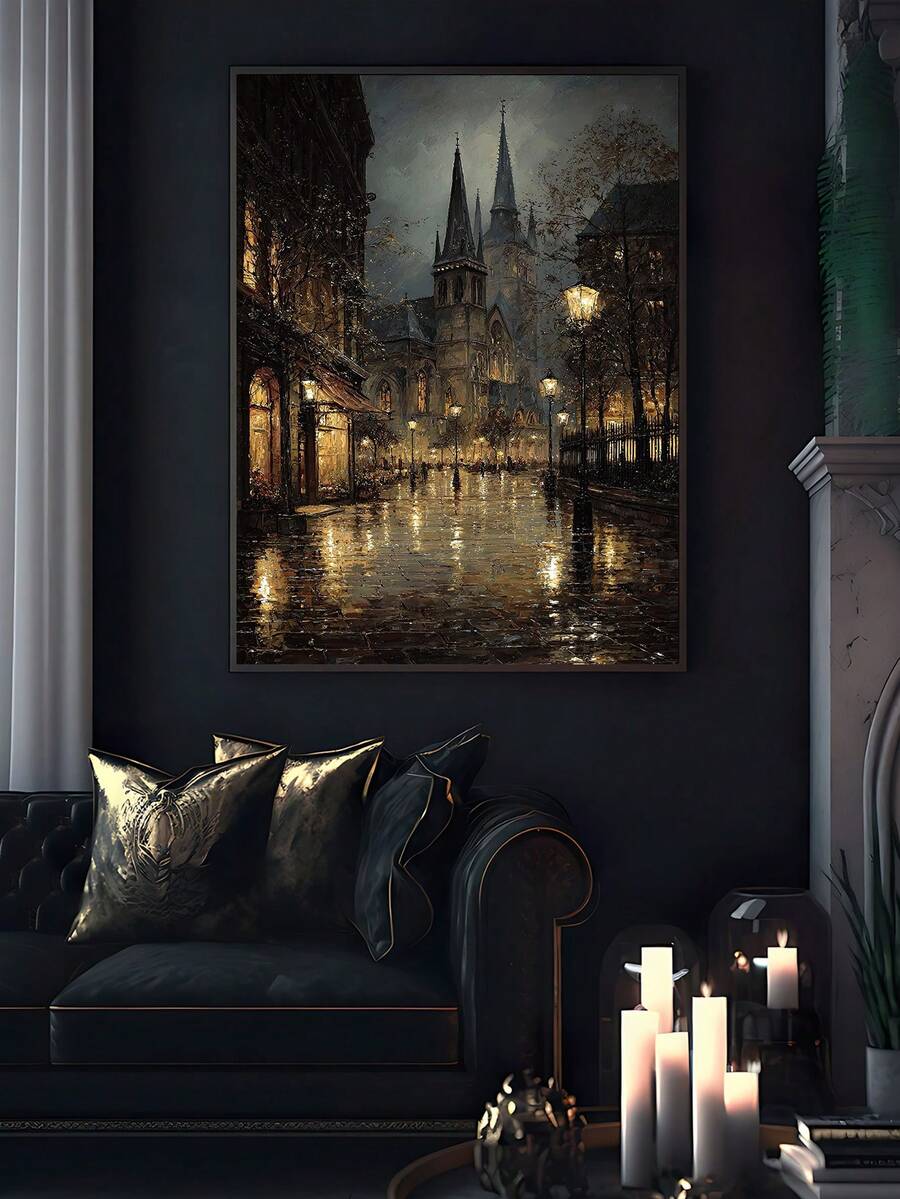 Gothic Bookshop Dark Academia Victorian Rainy Street Canvas Poster 