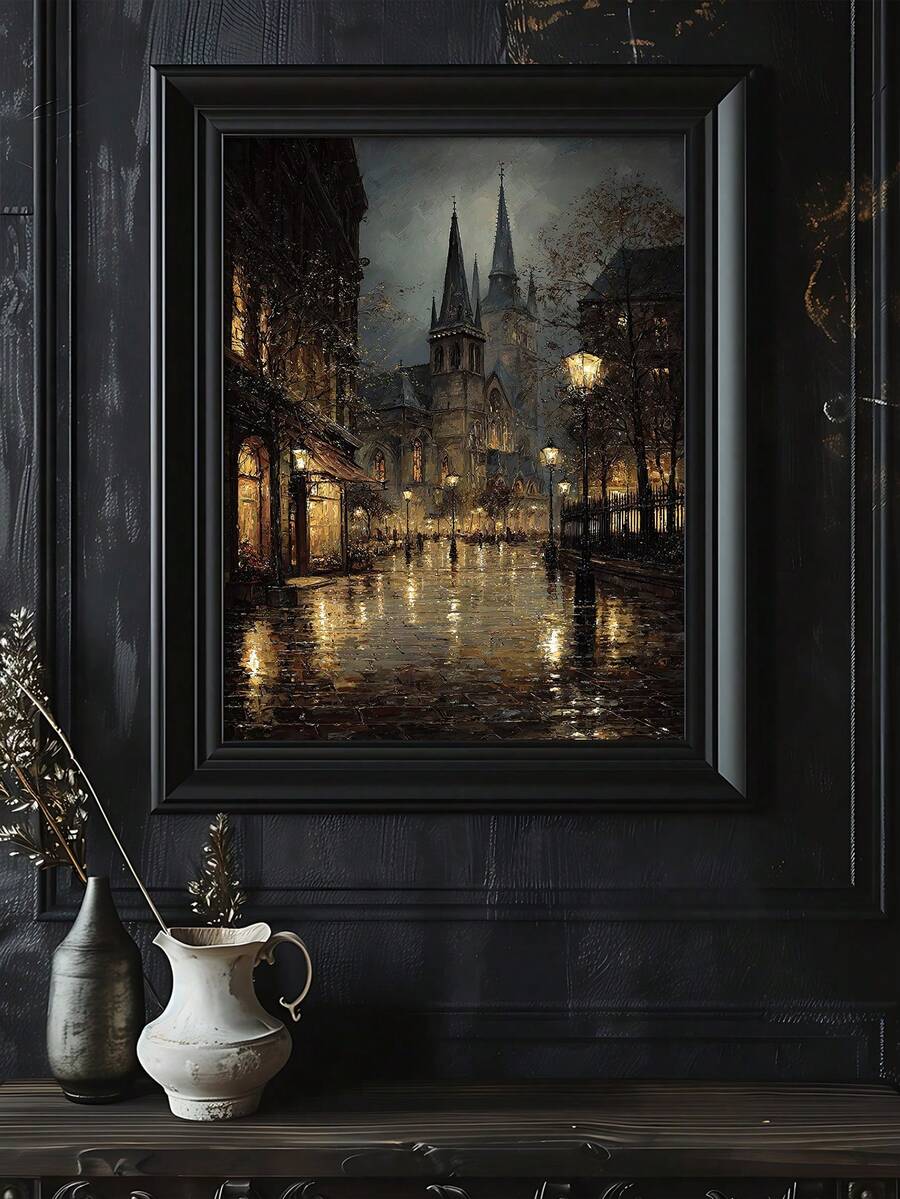 Gothic Bookshop Dark Academia Victorian Rainy Street Canvas Poster 