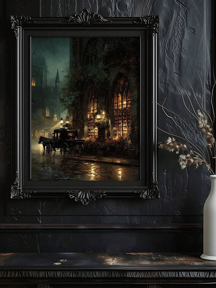 Gothic Bookshop Dark Academia Victorian Rainy Street Canvas Poster 