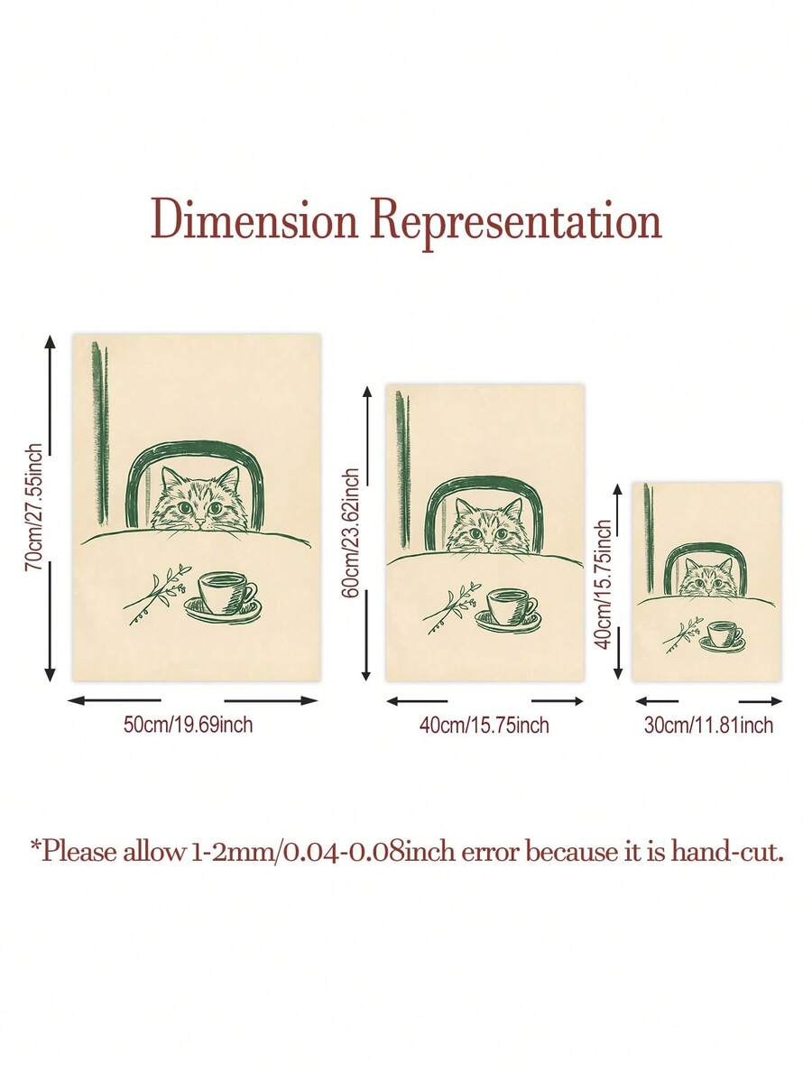 Size guide for sneaky cat coffee canvas poster in 30 by 40, 40 by 60, and 50 by 70 cm