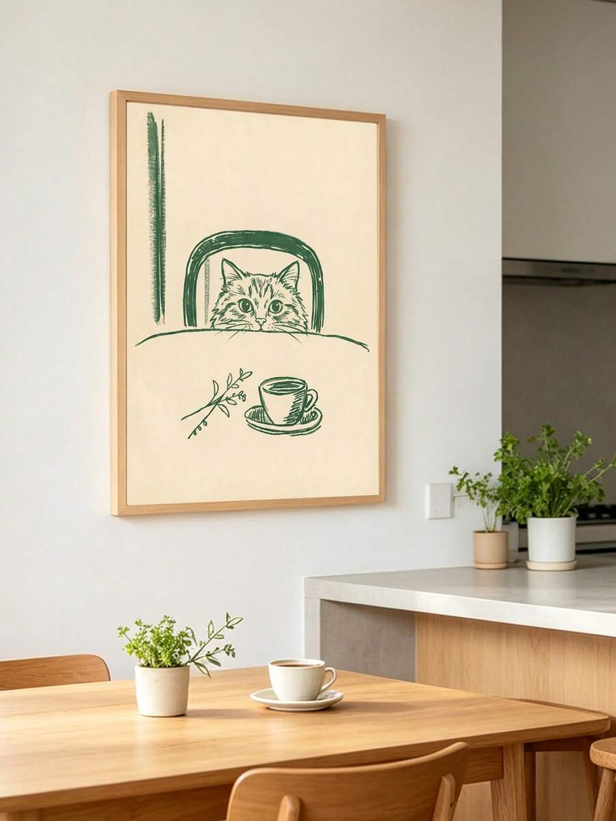 Minimalist sneaky cat coffee canvas poster in a Scandinavian kitchen dining space