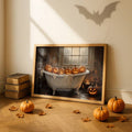 Framed spooky bathtub pumpkin poster styled with bats books and pumpkins on the floor