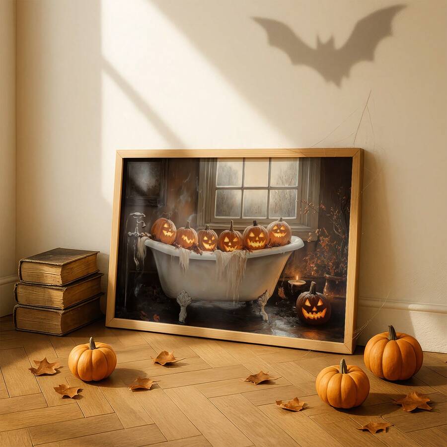 Framed spooky bathtub pumpkin poster styled with bats books and pumpkins on the floor
