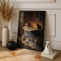 Black-framed skeleton bathtub print leaning against a paneled wall beside a black pumpkin and white ghost decoration