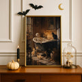 Skeleton bathtub Halloween wall art displayed on a wooden sideboard with bat silhouettes, a pumpkin and a skull under glass