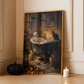 Gothic skeleton and black cat bathtub poster in a slim gold-toned frame beside a black pumpkin and candle
