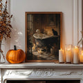 Wood-toned framed skeleton bathtub artwork on a fireplace mantel with an orange pumpkin and lit candles