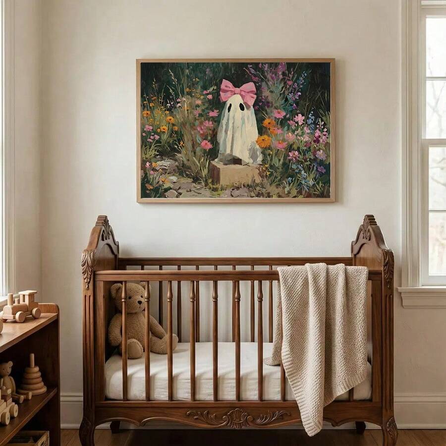 Pink bow ghost wall art displayed in a sunlit cottagecore living room