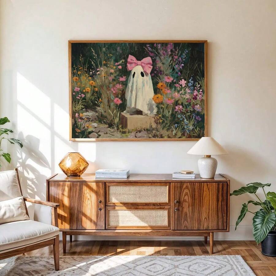 Whimsical floral ghost artwork styled above a light wood sideboard