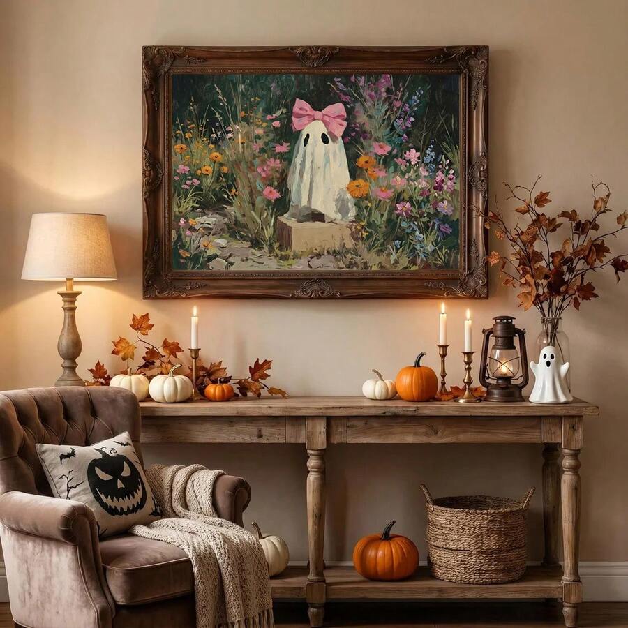 Spooky cute ghost and wildflower print styled above a nursery crib