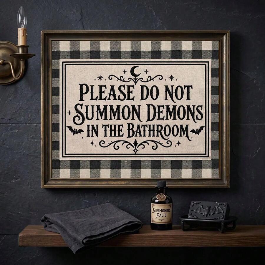 Gothic bathroom wall art in a dark bronze frame beside spooky accessories