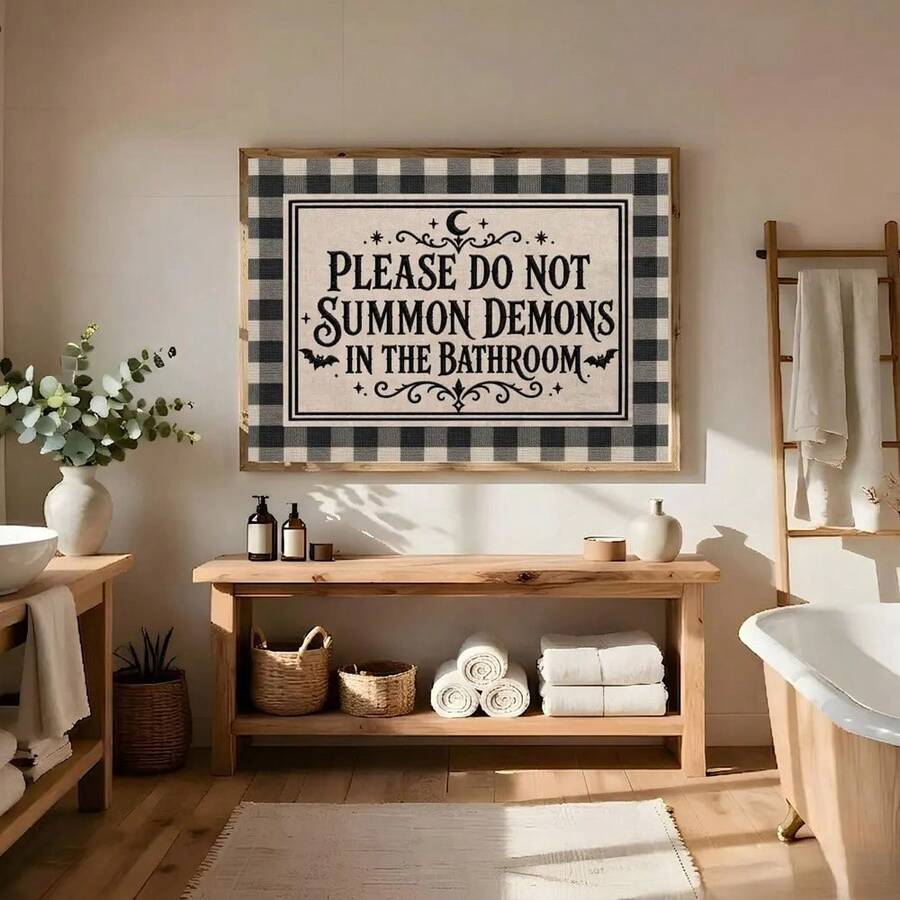 Spooky farmhouse bathroom canvas poster in a natural wood frame