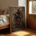 Vintage Witch Hats and Brooms Canvas poster with rustic Halloween charm. Perfect for farmhouse, cottagecore, autumn, porch, kitchen, and seasonal decor.