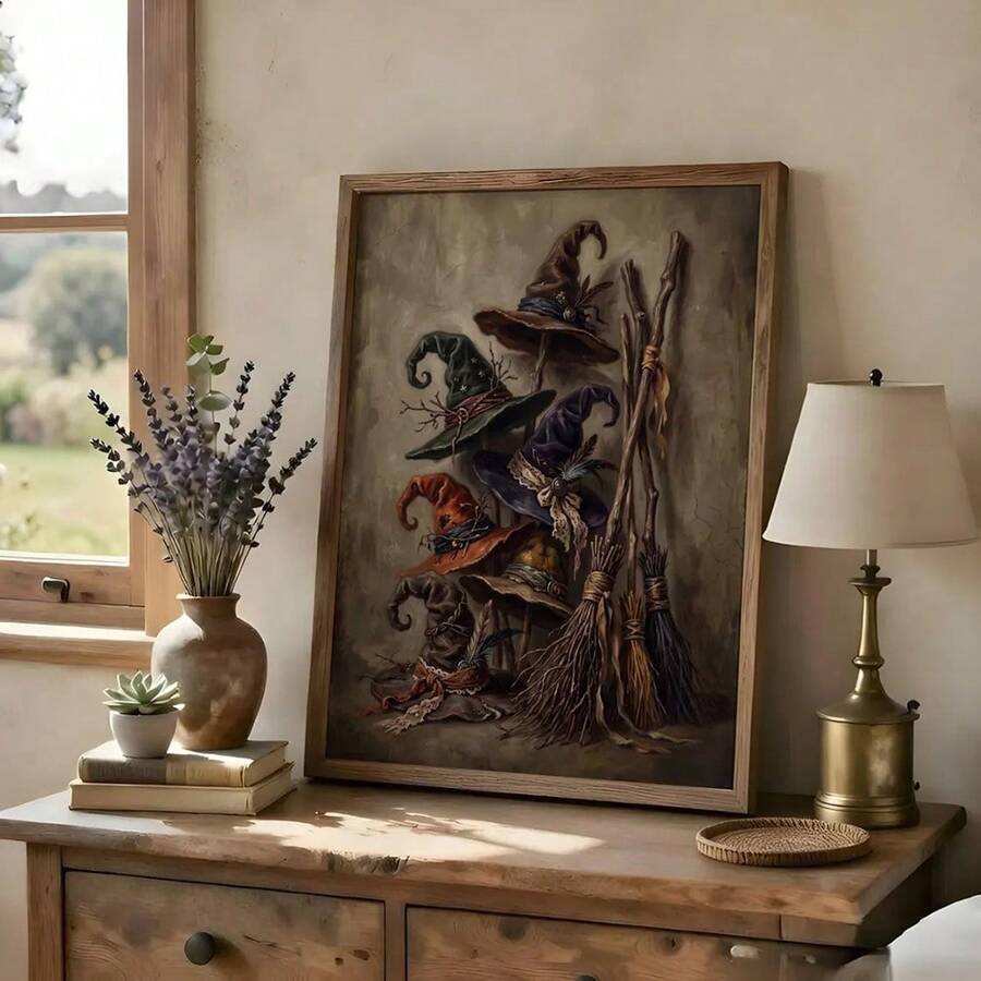 Vintage Witch Hats and Brooms Canvas poster with rustic Halloween charm. Perfect for farmhouse, cottagecore, autumn, porch, kitchen, and seasonal decor.