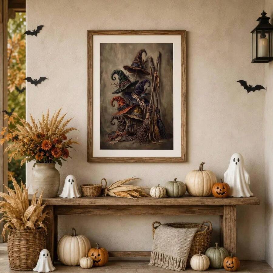 Vintage Witch Hats and Brooms Canvas poster with rustic Halloween charm. Perfect for farmhouse, cottagecore, autumn, porch, kitchen, and seasonal decor.
