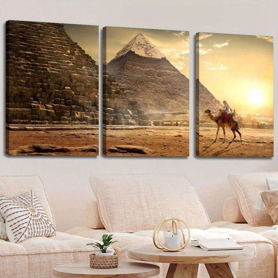 3pcs Ancient Egyptian Pyramids Tourist Attractions Wood Frame Canvas Print Set