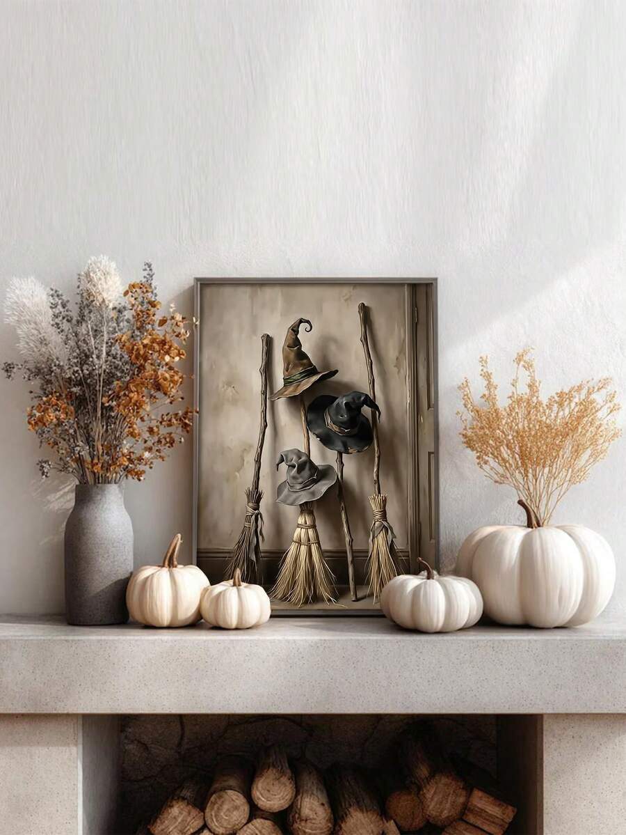 Vintage Witch Hats And Brooms Rustic Halloween Cottagecore Canvas Poster