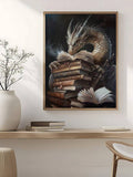Golden dragon reading atop antique books in a bronze frame on a light wall