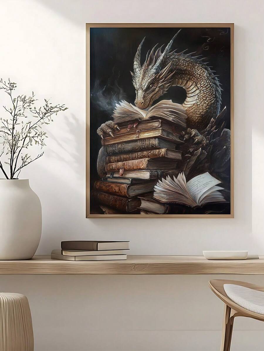 Golden dragon reading atop antique books in a bronze frame on a light wall