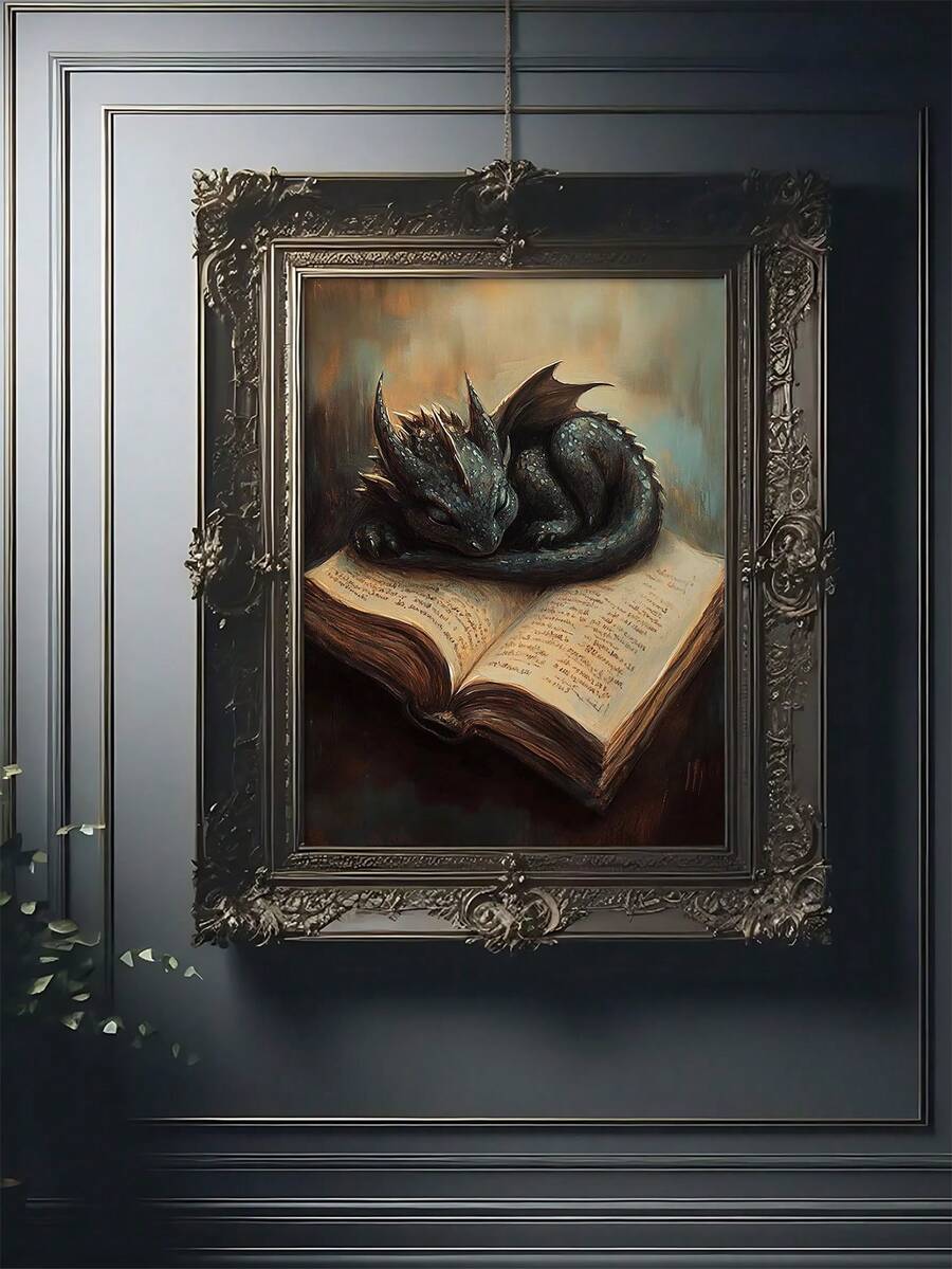 Black dragon curled asleep on an open book in a carved gothic frame