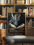 Gray dragon reading a book in a slim bronze frame in a warm library