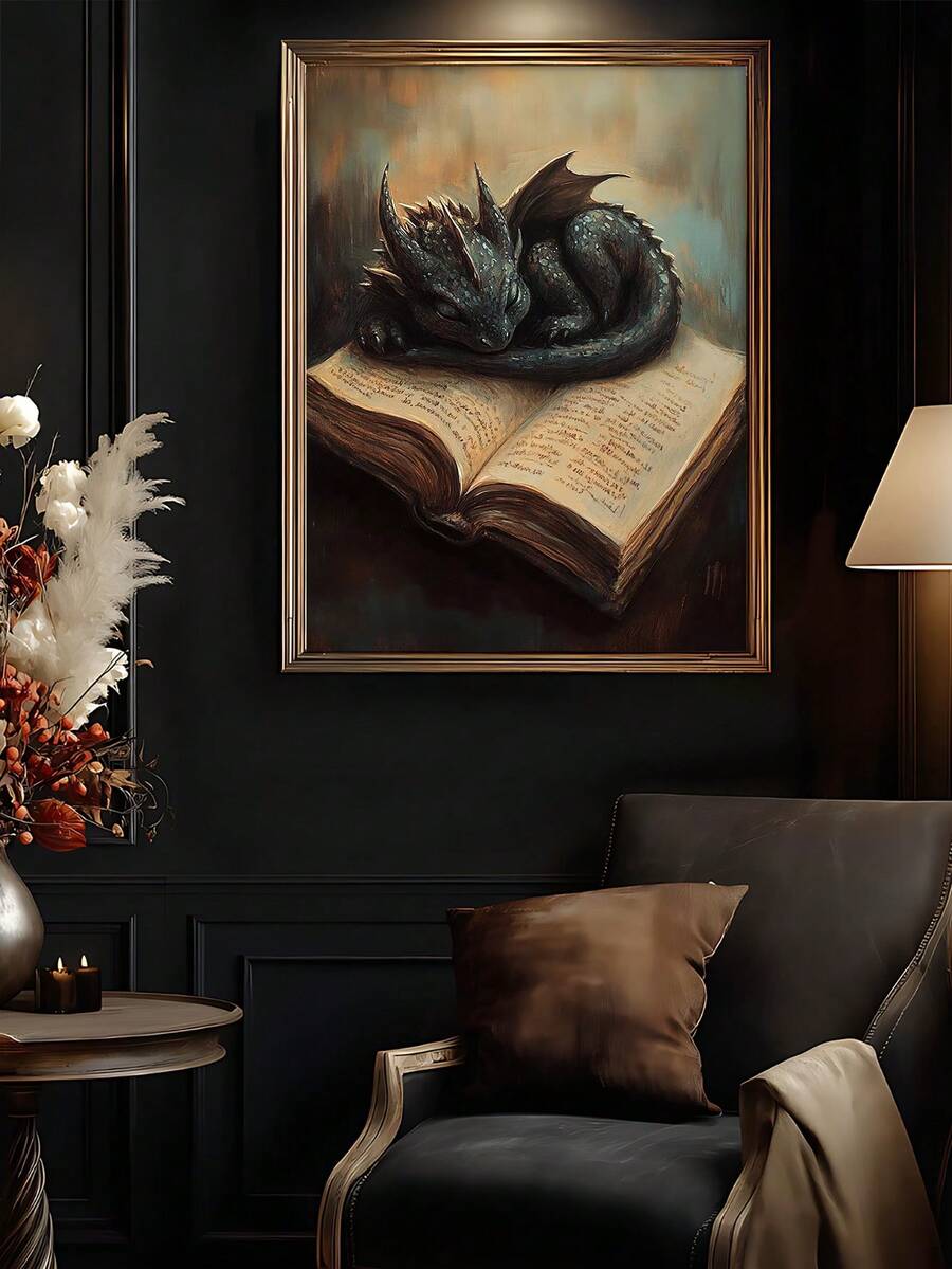 Black dragon sleeping on an open book in a gold frame above dark leather seating