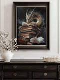 Golden dragon reading beside antique books on a dark console