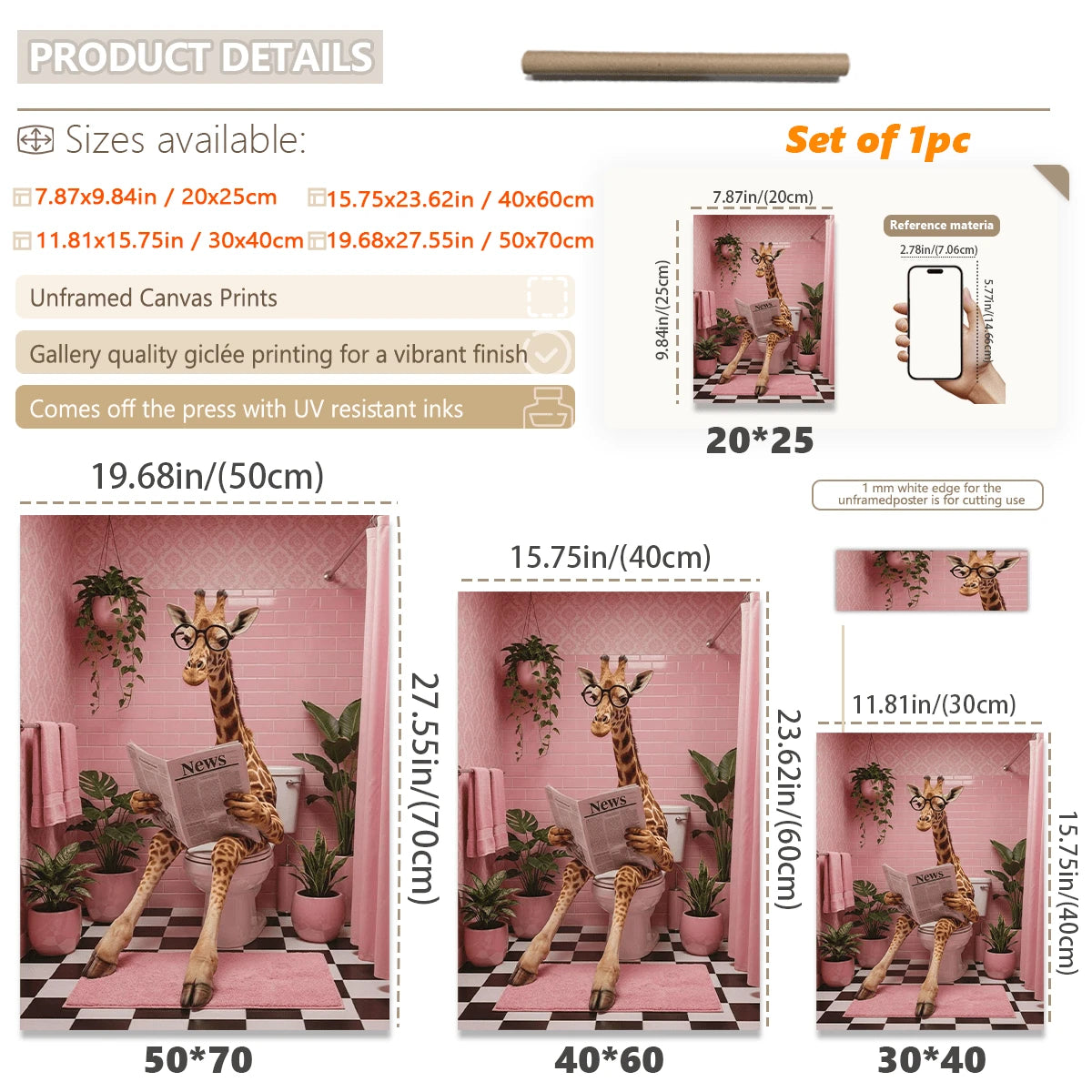 Funny Giraffe Sitting On Toilet Reading Newspaper Pink Bathroom Canvas Poster