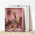 Funny Giraffe Sitting On Toilet Reading Newspaper Pink Bathroom Canvas Poster