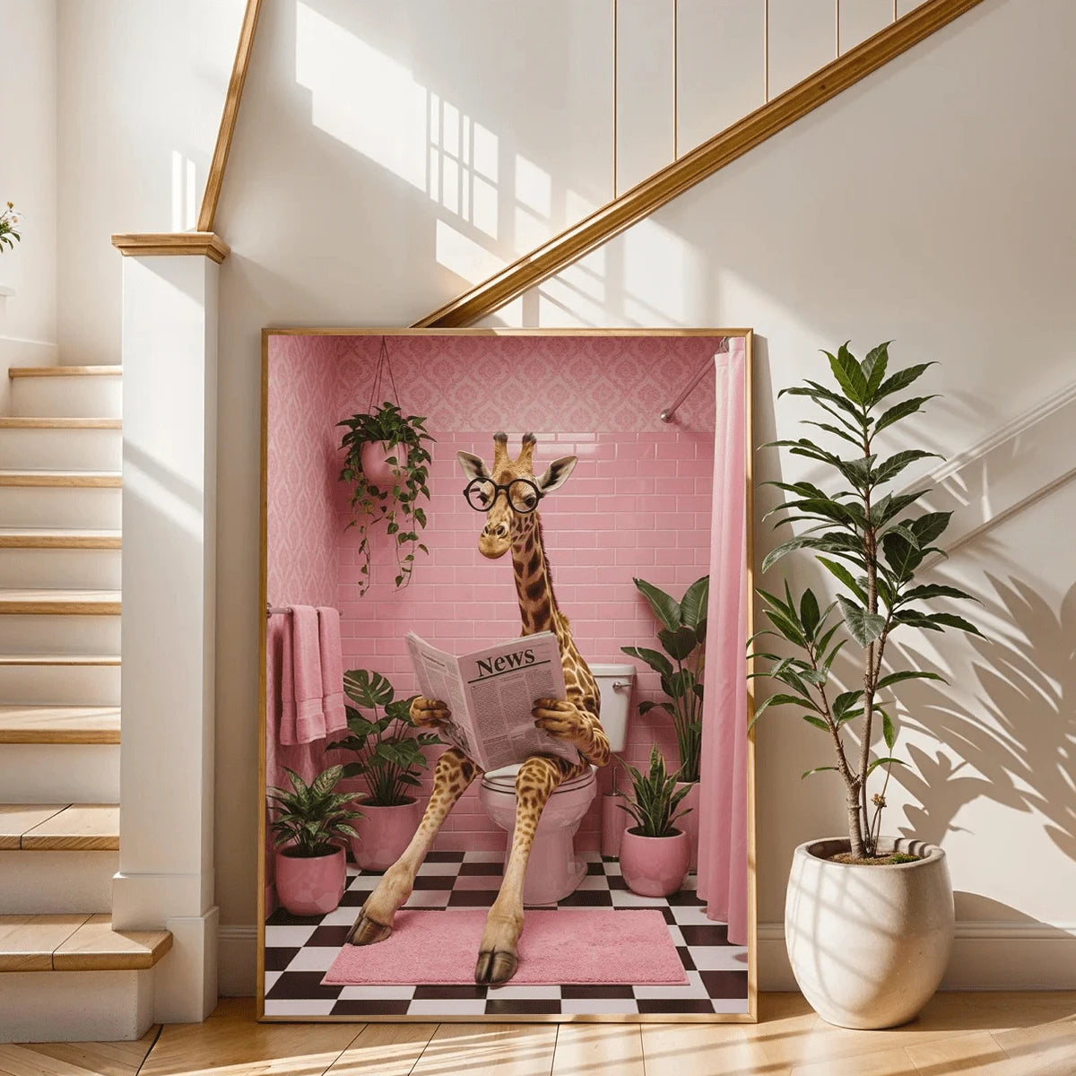 Funny Giraffe Sitting On Toilet Reading Newspaper Pink Bathroom Canvas Poster