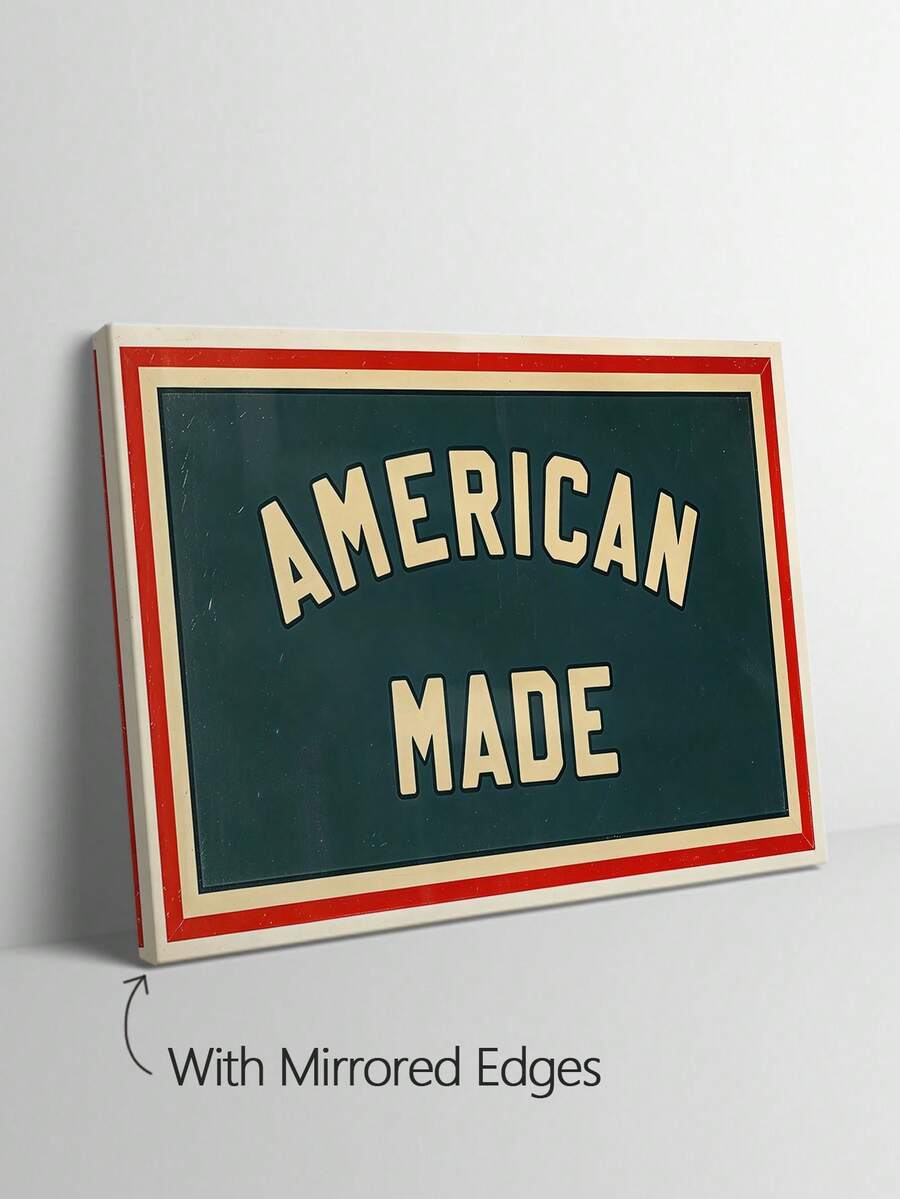 Close view of distressed AMERICAN MADE lettering and red cream border on green canvas