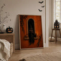 Gothic witch and black cat poster styled on a Halloween console