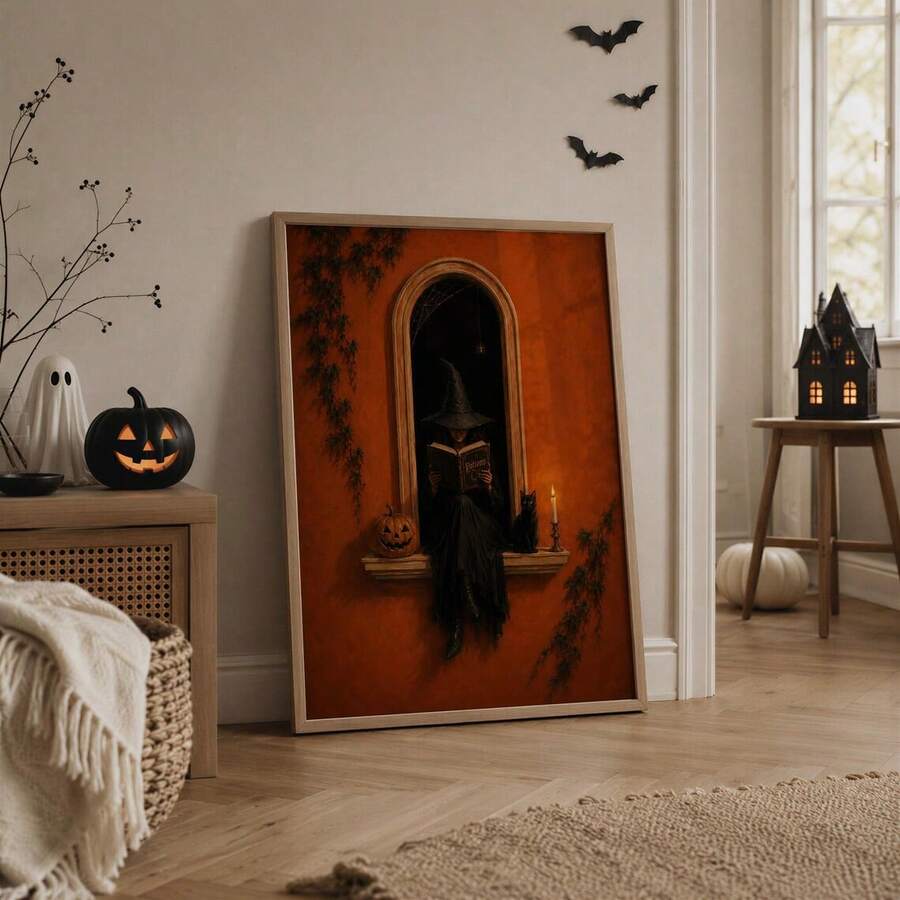 Gothic witch and black cat poster styled on a Halloween console