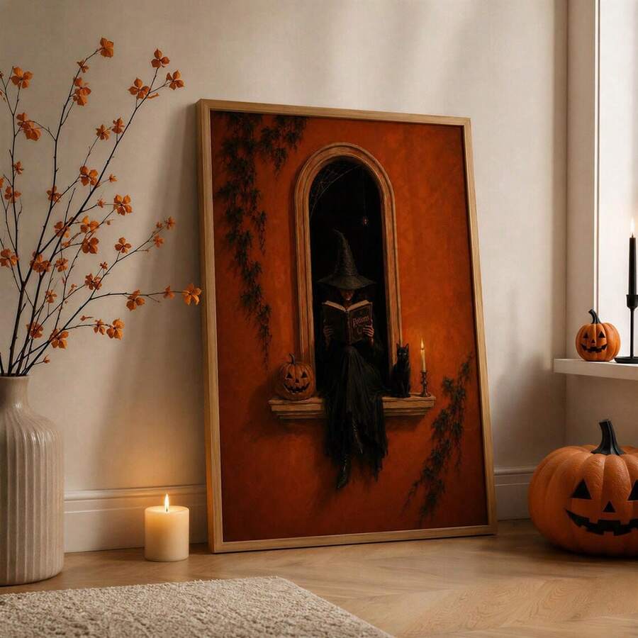 Witch reading canvas artwork displayed with pumpkins and autumn leaves