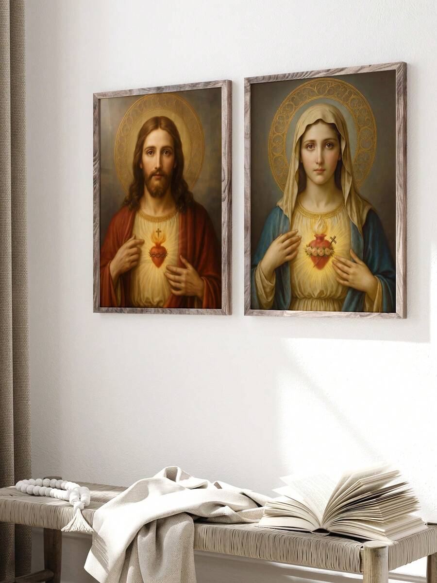 2 piece Sacred Hearts of Jesus and Mary Catholic Canvas set with timeless devotional imagery. Perfect for prayer rooms, bedrooms, home chapels, and faith decor.