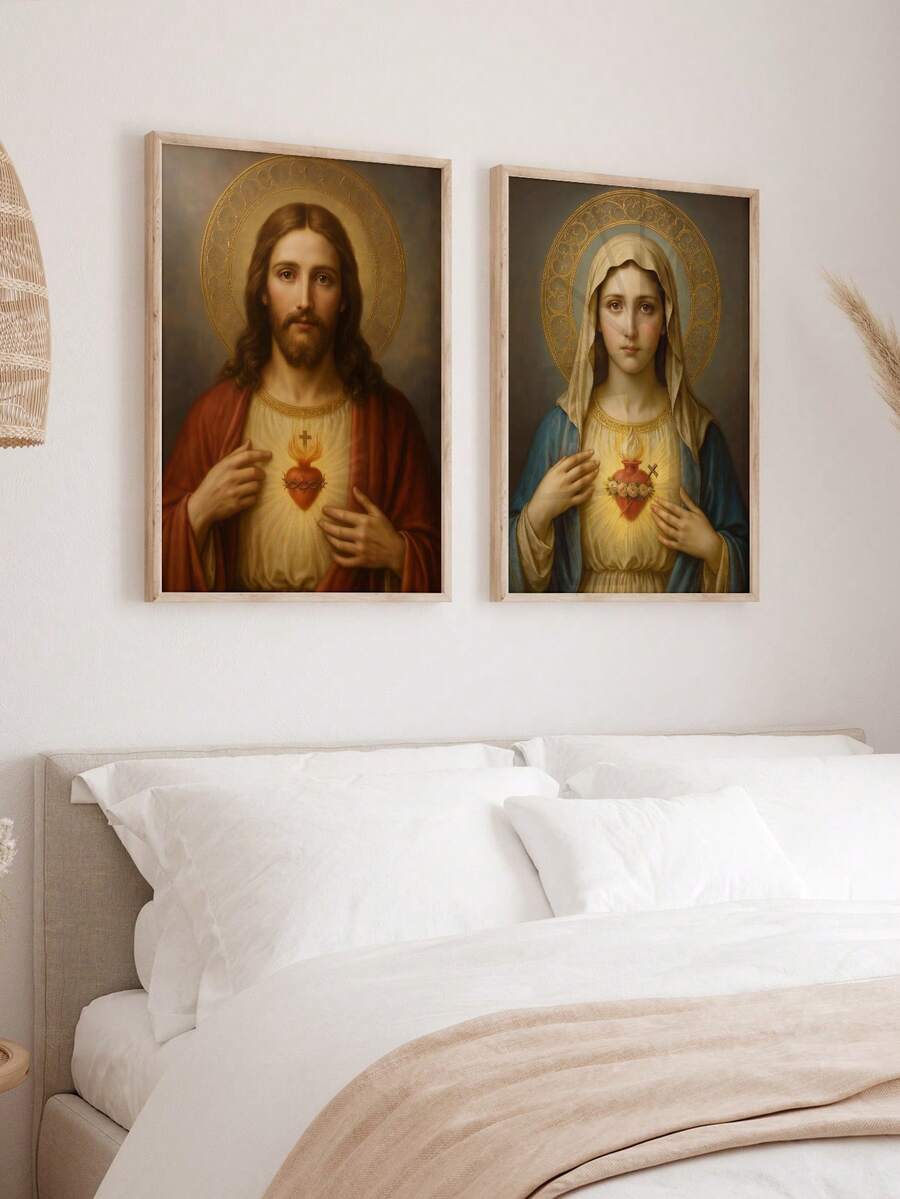 2 piece Sacred Hearts of Jesus and Mary Catholic Canvas set with timeless devotional imagery. Perfect for prayer rooms, bedrooms, home chapels, and faith decor.
