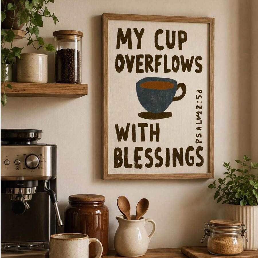 "My Cup Overflows With Blessings" Coffee Cup Christian Bible Verse Canvas Poster 