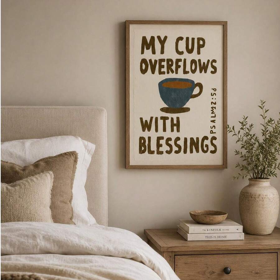 My Cup Overflows With Blessings Christian Canvas poster with cozy coffee inspired style. Perfect for kitchens, coffee corners, breakfast nooks, and faith decor.