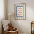 Great Minds Grow Here Canvas poster with blue striped educational style. Perfect for classrooms, nurseries, playrooms, study spaces, and children's rooms.