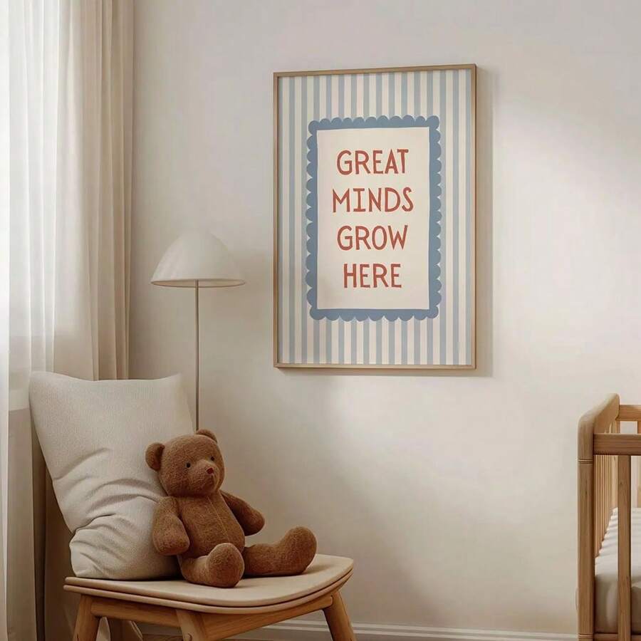 Great Minds Grow Here Canvas poster with blue striped educational style. Perfect for classrooms, nurseries, playrooms, study spaces, and children's rooms.