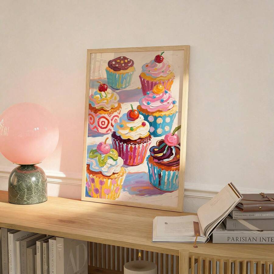 Thick brush stroke cupcake wall art leaning on a wood shelf beside books