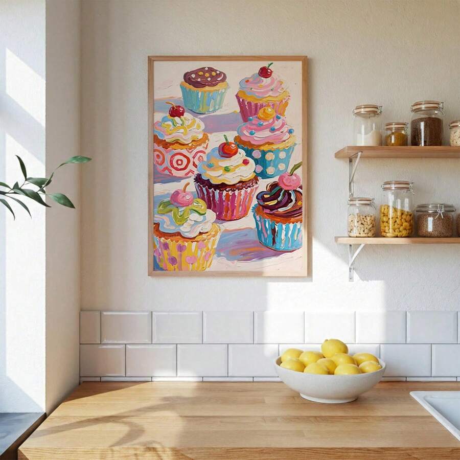 Colorful frosted cupcake wall art in a bright kitchen breakfast corner