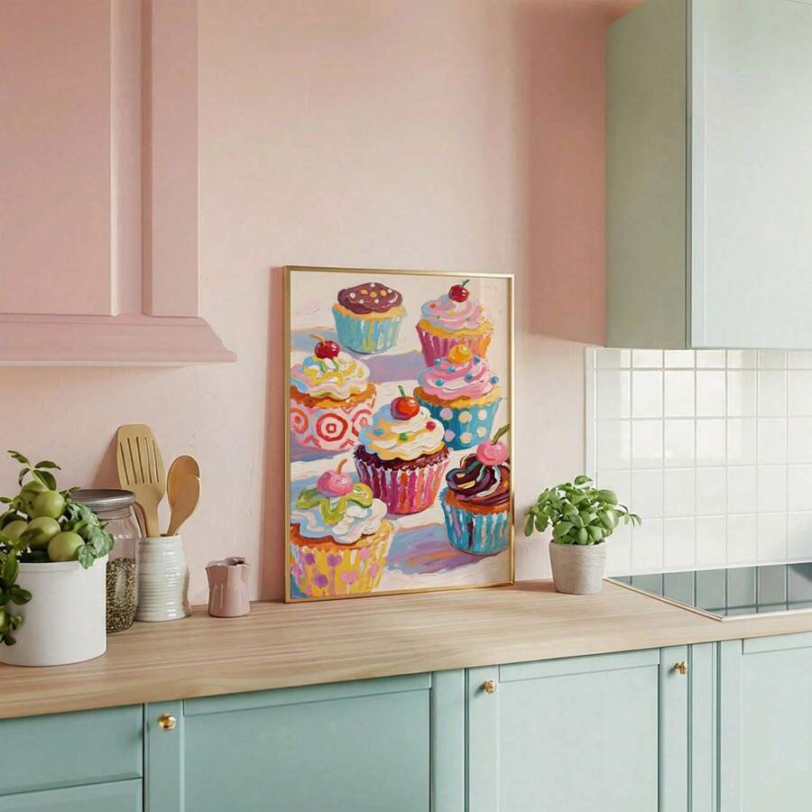 Cupcake food art poster in a wood frame above a kitchen counter with jars