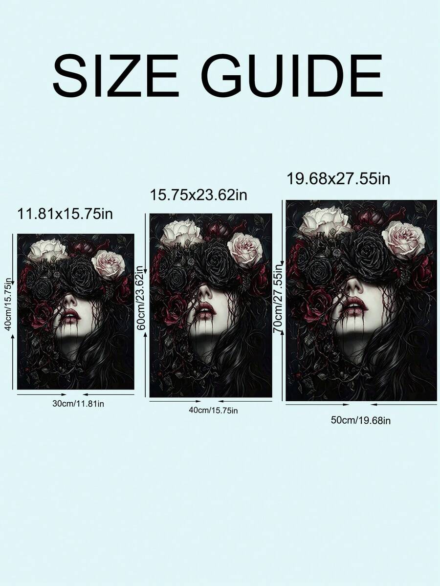 Size guide for rose-veiled woman canvas print in 30 by 40, 40 by 60, and 50 by 70 cm